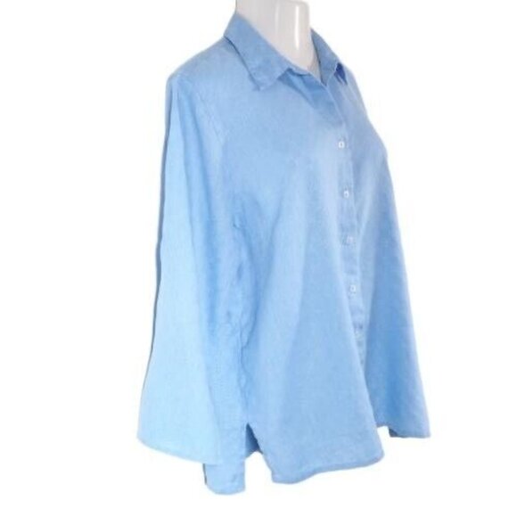 Sag Harbor Womens Top Size XL Washable Linen Basket Weave Faux Roll Tab Blue - Picture 6 of 10